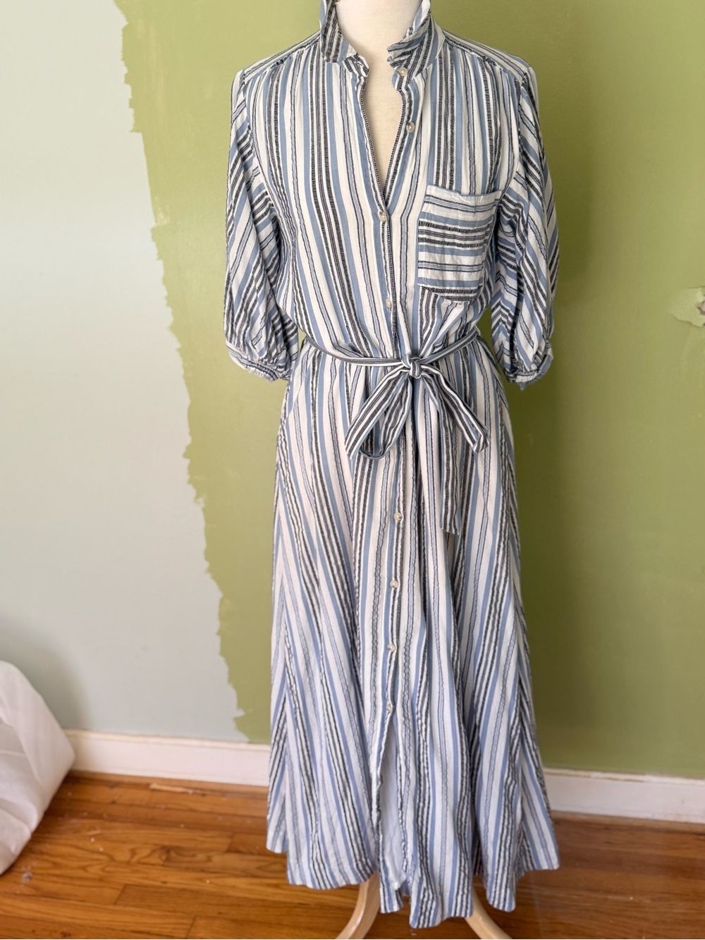 Anthropologie Maeve Blue & White Striped Maxi Shirt Dress